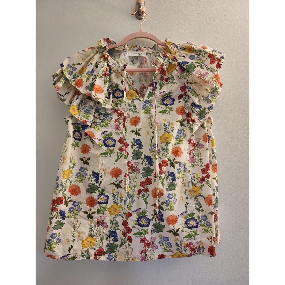 Juliana's Floral Flutter Sleeve Top White Botanical Print Ruffle Neck Blouse L